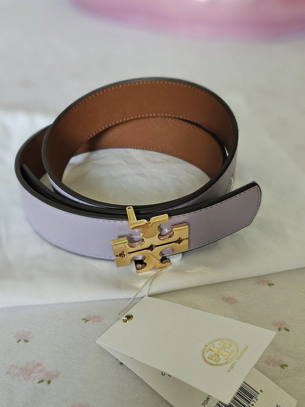 Tory Burch Reversible Leather Belt 1.5 inch - Tan with Lavender Reversible